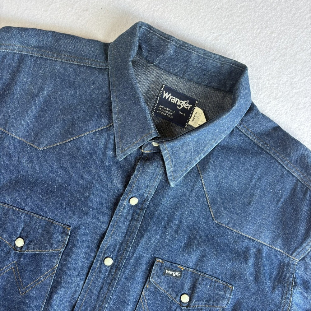 Vintage Wrangler Denim Shirt Pearl Snap Western 19 X 35 Made in USA Brushpopper